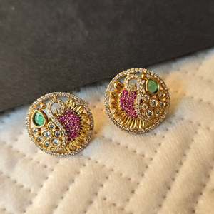 18K Gold Plated Peacock Round Stud Earrings with Diamond Accent - Product Image 4