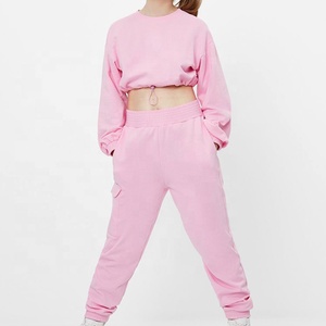 Women's Pink Hooded <b>Tracksuit</b> Set Solid Color Casual Sweatshirt and Ankle-Length Pants Full Sleeve Breathable Cotton Autumn Wear - Product Image 2