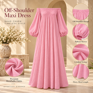 Robe maxi rose à épaules dénudées pour femmes avec manches bouffantes |   Robe longue bohème fluide et froissée pour les vacances d'été à la plage et les soirées - Product Image 5