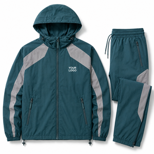 Unisex <b>Teal</b> Solid Color Custom Lightweight Hooded Tracksuit Set With Side Pockets Drawstring Waist Sporty Style Men's Tracksuit - Product Image 1