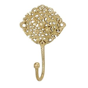 Vintage Brass Wall <b>Hook</b> With Floral Carved Design For Coat Or Clothing Storage - Product Image 1