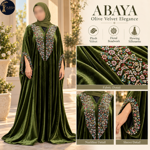 Tela de Terciopelo Verde Oliva con Bordado Floral Multicolor |   Textiles ornamentados y decorados para vestidos Abaya y prendas elegantes para ocasiones especiales - Product Image 5