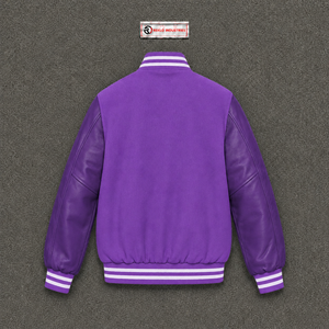 Veste universitaire classique violette pour homme, col rayé, manches en cuir, couleur unie, décontractée, col rabattu, boutonnée sur le devant - Product Image 6
