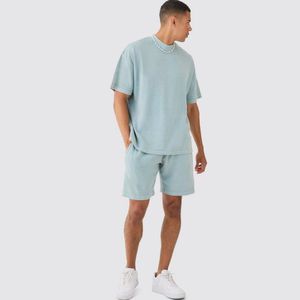 Camiseta de cuello redondo azul claro, conjunto de verano transpirable de algodón, conjunto de 2 piezas de pantalones cortos para hombre, conjunto de camiseta informal de punto - Product Image 5
