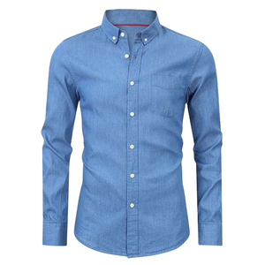 Chemise Oxford pour homme, coupe classique, manches classiques, bleu uni, décontractée, boutonnée, col rond, 100% coton, tissu tricoté, anti-rétrécissement - Product Image 2