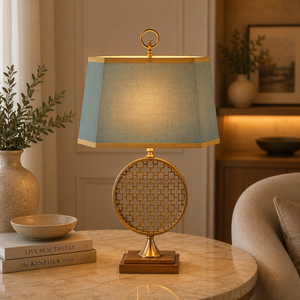 Lunar Arc Metal Table Lamp with Curved Frame White <b>Drum</b> <b>Shade</b> Matte Finish Stable Base Elegant Ambient <b>Lighting</b> - Product Image 6