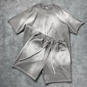 Ensemble décontracté homme été : chemise et short style rétro américain délavé, tendance streetwear - Product Image 2