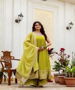 Traje Salwar Tradicional de Algodón para Mujer, Diseño de Puntos Verdes, Ropa Étnica de India y Pakistán, Informal de Verano 86088 RR-46 - Product Image 1