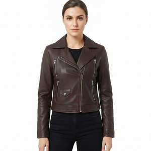 Blouson moto en cuir véritable pour femme, manches longues, coupe courte, col montant, fermeture éclair avant, couleur unie, automne-hiver, inspiré de la peau de vache - Product Image 4