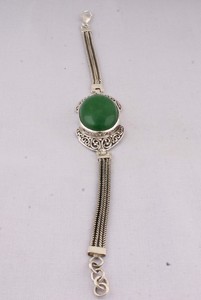 Natural Green Jade <b>Silver</b> Vintage Anniversary Handcrafted Filigree Oval Cabochon Chain <b>Cuff</b> <b>Bracelet</b> 925 Sterling <b>Silver</b> Jewelry - Product Image 4