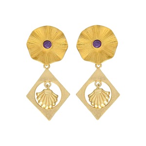 Matte <b>Gold</b> Seashell Rhombus Drop Earrings Purple Gemstone Sunburst <b>Disc</b> Dangle Brass 18K <b>Gold</b> Plated Wedding Ethnic Jaipur Gems - Product Image 1
