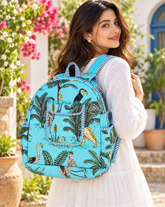 Dreamy Light Blue Cotton Quilted <b>Backpack</b> <b>with</b> Nature Inspired Bird Print and Handmade Charm Trendy Light Blue Quilted Cotton - Product Image 4