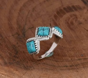 925 Sterling Silver Blue Turquoise Christian Bezel Setting Handmade Triple Cushion Bohemian Gemstone <b>Statement</b> <b>Ring</b> for December - Product Image 4