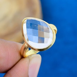 White Topaz Pear Shape Cut Gemstone 18k Gold Plated Bezel Handmade Trendy <b>Ring</b> For Women - Product Image 1