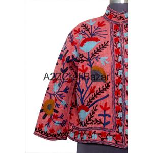 Handmade Suzani Design Winter Spring Bomber Jacket <b>Machine</b> Embroidery Floral <b>Pattern</b> <b>Knitted</b> Cotton Fabric Quick Dry Breathable - Product Image 3