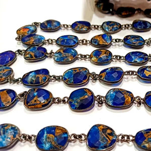 Natural <b>Copper</b> Turquoise Lapis lazuli free Shape 15mm bezel connector <b>chain</b> sold per Foot - Product Image 2