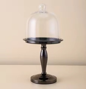 High-End Black Metal Pedestal <b>Cake</b> <b>Stand</b> Clear Glass <b>Dome</b> Cloche Cover Round Dessert Display <b>Stand</b> Catering Party Centerpiece - Product Image 1