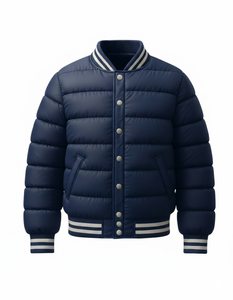 New Design Men’s <b>Blue</b> Varsity Style Puffer Jacket Winter Quilted Snap Button Bomber Coat Ribbed Collar Streetwear Outerwear - Product Image 1