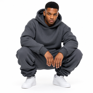 Men's Oversized Hooded Tracksuit Set Solid Gray Cotton <b>Joggers</b> with Front Logo Print Casual Autumn Wear Full Length Loose Fit - Product Image 3