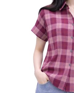 <b>Rose</b> Pink And Burgundy Plaid Womens Short Sleeve Button Up Shirt Casual Summer Lightweight Breathable Checkered <b>Top</b> With Pocket - Product Image 4