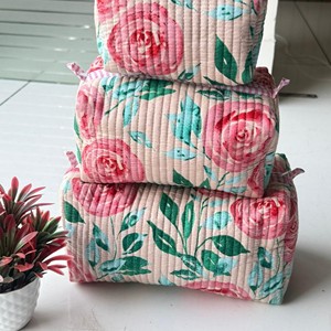 Trousse de Toilette Matelassée en Coton à Motifs Floraux, Taille Moyenne, Multifonctionnelle, Fermeture Éclair, Style Adorable pour Femme - Product Image 5