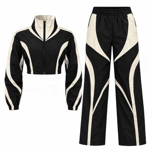 Custom <b>Black</b> Cream Tracksuit <b>Set</b> Cropped Jacket And Wide Leg Pants Trendy Women Sportswear <b>Gym</b> Casual Fashion Premium Clothing - Product Image 1