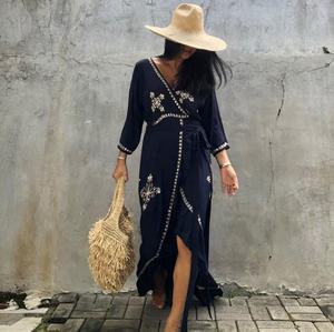 High Quality <b>Women</b> Wear Summer Shiny Embroidery Kimono <b>Kaftan</b> Wrap Dress - Product Image 1