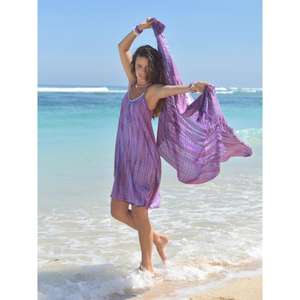 Vestido playero morado con efecto tie-dye para mujer, sin mangas, holgado, para verano, para cubrir el bikini, con pañuelo a juego. - Product Image 1