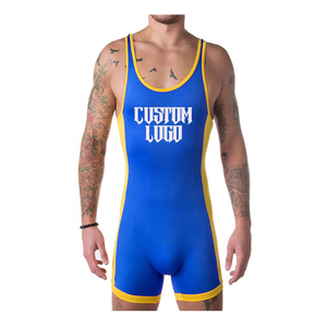 Camiseta de tirantes de lucha libre para hombre, azul con ribete amarillo, talla grande, informal, cuello redondo, color liso, tejido de punto, ropa deportiva - Product Image 1