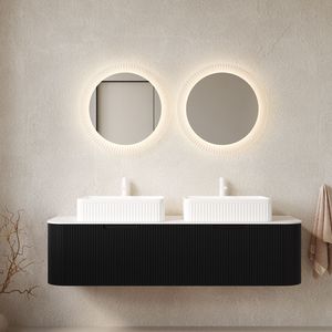 DINA 60\" <b>Wall</b> Mounted Bathroom Vanity with <b>Floating</b> Curved Edges Striped 2-Whit Drawers 2 Sinks Storage Cabinet - Product Image 1