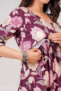 Robe midi évasée décontractée en coton à imprimé floral violet, col rond, manches trois quarts, avec poches, pour la maternité et l'allaitement, idéale pour le quotidien - Product Image 4
