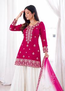 Ensemble Anarkali traditionnel indien pakistanais pour femmes, rose, brodé, avec dupatta, vêtements de mariage, coupe ample, en coton - Product Image 4