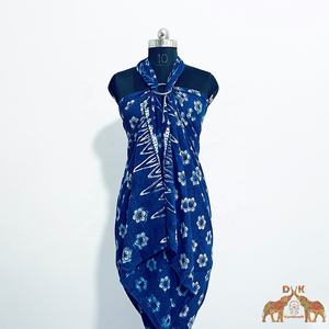 เดรสชายหาดผ้าโสร่งสำหรับผู้หญิงทำจากผ้าฝ้ายบล็อกมือสีครามพิมพ์ลายดอกไม้ฤดูร้อน - Product Image 6