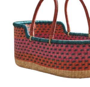 Maker modern vibrant pink patterned high <b>wall</b> seagrass changing <b>basket</b> combined with rattan changing kid <b>basket</b> and straps - Product Image 4