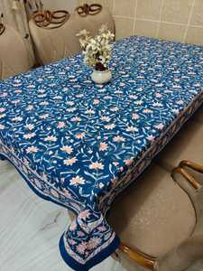 New Arrival 2026 Designer Royal Blue Small Flower Work Vine Hand Block Printed 100% Cotton Material <b>Tablecloth</b> For Kitchen Decor - Product Image 1