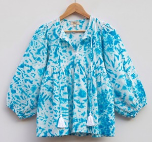 Blusa de Algodón Tie Dye para Mujer, Estampada a Mano, Estilo Boho Casual, Cuello en V, Manga Globo, Borlas, Transpirable, Etiqueta Privada Personalizada - Product Image 6