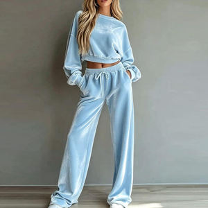 Ensemble deux pièces en velours crème pour femme, coupe ample, couleur unie, décontracté, toutes saisons, sweat-shirt et pantalon, manches longues, col rond, longueur longue - Product Image 5
