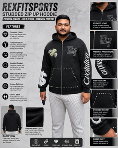 Sweat-shirt à capuche noir zippé pour homme, coupe oversize, style streetwear, en tissu French Terry, avec logo imprimé et détails en strass, vente en gros - Product Image 2