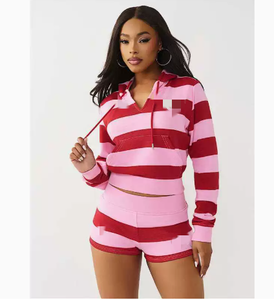 Conjunto de Top Corto con Capucha y Pantalones Cortos a Rayas para Mujer, Estilo Náutico, Manga Larga, Tejido Transpirable, Atuendo de Primavera/Verano - Product Image 6