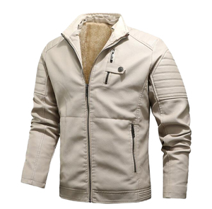 <b>Men's</b> PU Leather Motorcycle <b>Jacket</b> Stand Collar Faux <b>Fur</b> Fleece <b>Lined</b> Zipper Closure Windproof Slim Fit Autumn Wear - Product Image 1