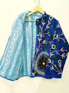 Handmade Blue <b>Velvet</b> Embroidered Suzani <b>Jacket</b> With Floral Pattern Full Sleeve Stand Collar Bohemian <b>Women's</b> Autumn Outerwear - Product Image 2