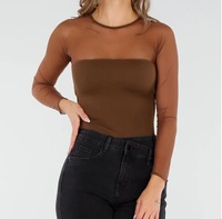 Camiseta de malla transpirable de verano para mujer, informal, con cuello simulado alto, manga larga, transparente, de rejilla, estilo camiseta de malla transparente.