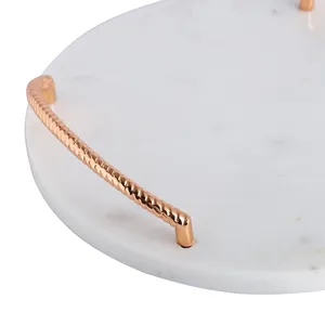 Luxury Round White Marble Serving <b>Tray</b> <b>with</b> Rose Gold <b>Handles</b> Portable Multifunction Kitchen & Living Room Tableware Organizer - Product Image 2