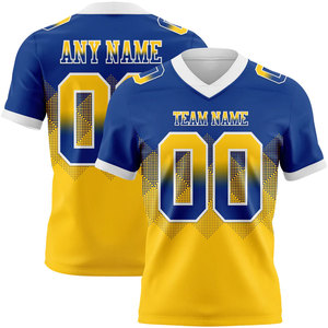 Camiseta de Fútbol Americano Personalizada para Hombre, Cuello en V, Manga Corta, Degradado Azul y Amarillo, Sublimada, Absorbe la Humedad, Nombre del Equipo, Cualquier Nombre - Product Image 1