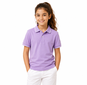 Chemise à manches courtes pour filles, 100% coton, unie, avec bordure contrastée, tissu tricoté, coupe classique, vêtements décontractés, séchage rapide, toutes saisons - Product Image 1