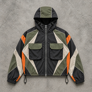Men's Hooded Color Blocking <b>Racer</b> <b>Jacket</b> Windproof Sporty Style Polyester Zipper Closure Autumn Wear - Product Image 3