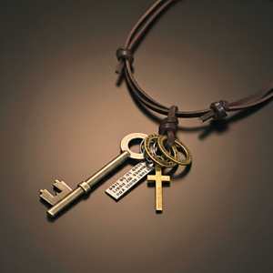Silver Key of Faith Rhodium Plated Stainless Steel Pendant with Adjustable Leather Rope for Men - Product Image 4