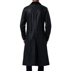 <b>Men's</b> Black Genuine Leather Trench Coat Single Breasted <b>Long</b> <b>Overcoat</b> With Zipper Lapel - Product Image 4