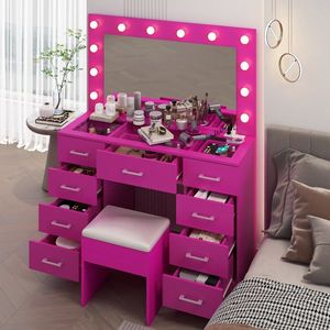 Large Lighted 12 LED Mirror Makeup Vanity Desk Set with 9 Drawers Glass Top Vanity Table with Power Outlet - Product Image 4