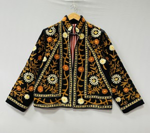 Suzani Fabric Velvet Bomber Jacket Floral Pattern Stand Collar Open <b>Stitch</b> Closure Handmade Embroidery Cotton Lining Party Wear - Product Image 1